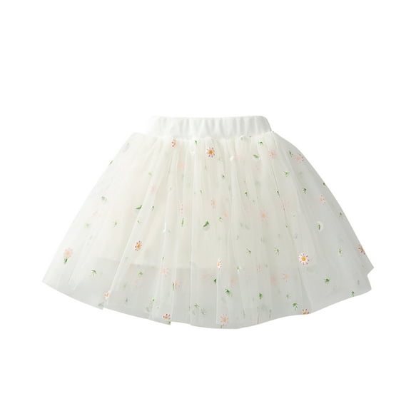 TAGOLD Toddler Girls Cute Party Dance Costume Solid Color Net Yarn Crimping Daisy Embroidery Tulle Skirt White 7 Years