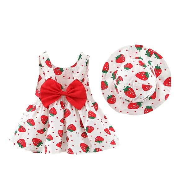 Summer Savings! TAGOLD Toddler Girls Summer Dress,0-3 Years Girls Summer Dress Print Strawberry Sleeveless Tank Top Hat Set