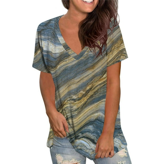 Summer Savings! TAGOLD Womens Plus Size Summer Tops,Womens Plus Size Tops,Fashion Women's Summer V-Neck Short Sleeve Print Casual T-shirt Blouse Navy XL