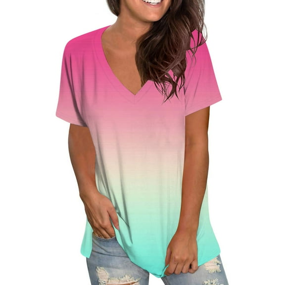TAGOLD Womens Plus Size Summer Tops,Womens Plus Size Tops,Fashion Women's Summer V-Neck Short Sleeve Print Casual T-shirt Blouse Pink M