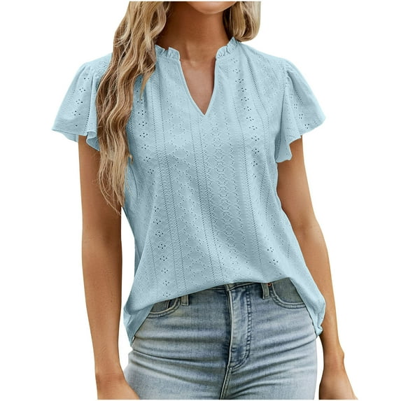 TAGOLD Womens Plus Size Summer Tops,Womens Plus Size Tops,Women's Fashion Solid Color Casual V-Neck Short Sleeve Loose T-shirt Tops Light Blue M