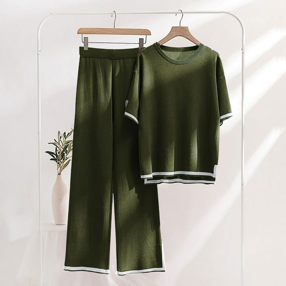 Tops for Women Women's 2 Piece Outfits Sweater Sets Knit Pullover Tops High Waisted Pants Tracksuit Lounge Jogger Set Ndbuld Army Green 3XL