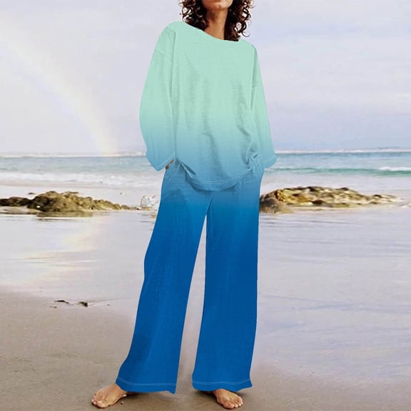 Tops for Women Women's 2 Piece Outfits Sweater Set Knit Pullover Tops High Waisted Pants Sweatsuits Lounge Set Ndbuld Blue 5XL