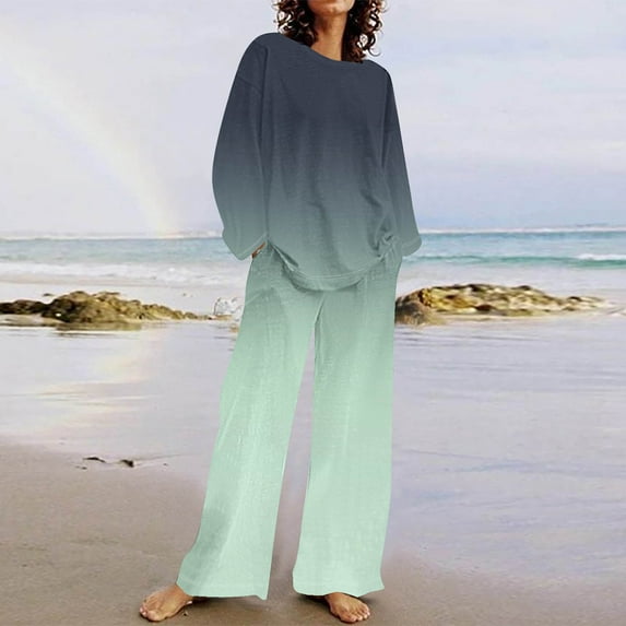 Tops for Women Women's 2 Piece Outfits Sweater Set Knit Pullover Tops High Waisted Pants Sweatsuits Lounge Set Ndbuld Green XL