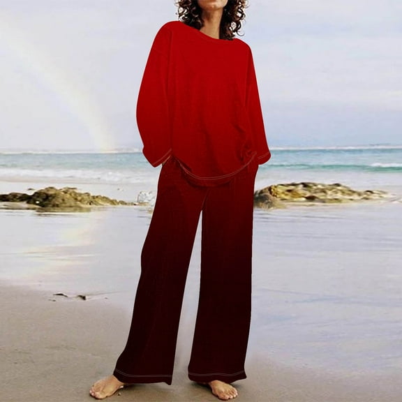 Tops for Women Women's 2 Piece Outfits Sweater Set Knit Pullover Tops High Waisted Pants Sweatsuits Lounge Set Ndbuld Red L
