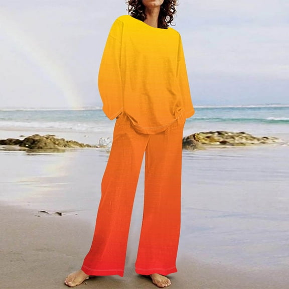 Tops for Women Women's 2 Piece Outfits Sweater Sets Knit Pullover Tops High Waisted Pants Tracksuit Lounge Jogger Set Ndbuld Orange S