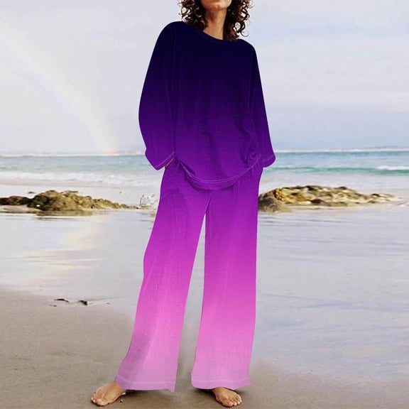 Tops for Women Women's 2 Piece Outfits Sweater Sets Knit Pullover Tops High Waisted Pants Tracksuit Lounge Jogger Set Ndbuld Purple M