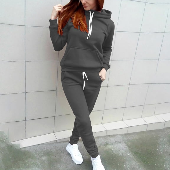 Women's 2 Piece Casual Outfits Solid Hooded Drawstring Long Sleeve Sweatshirt Tops And Long Pants Set Suits