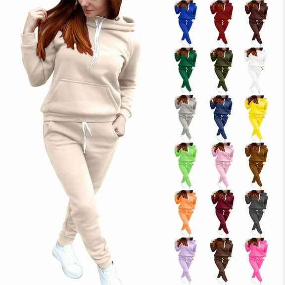 Women's 2 Piece Casual Outfits Solid Hooded Drawstring Long Sleeve Sweatshirt Tops And Long Pants Set Suits