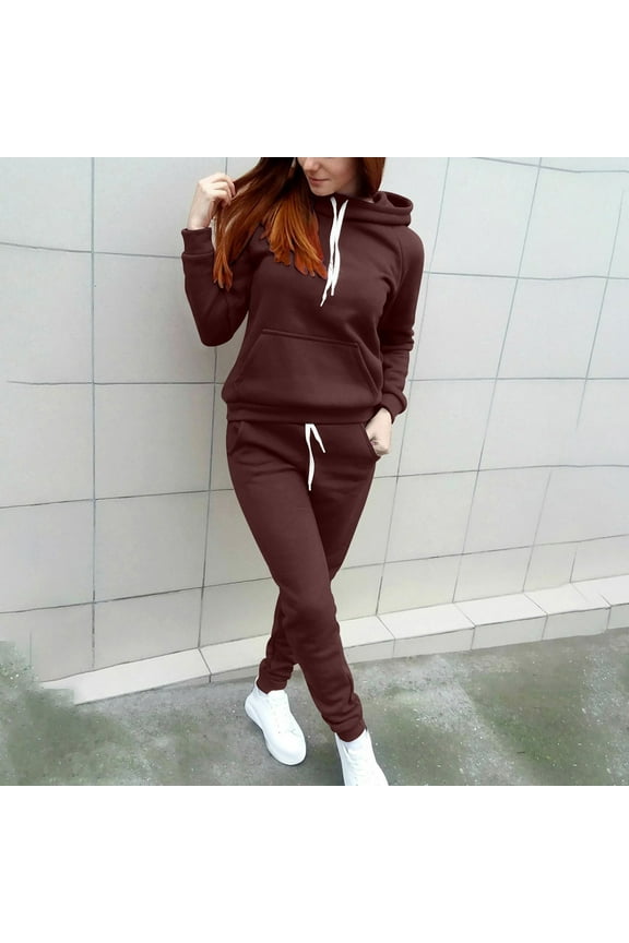 Women's 2 Piece Casual Outfits Solid Hooded Drawstring Long Sleeve Sweatshirt Tops And Long Pants Set Suits