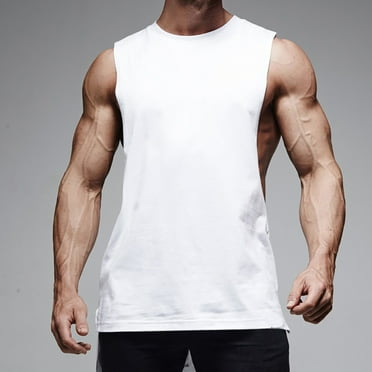 Summer Savings! USSUMA Mens Tank Sleeveless Crewneck Beach Shirts for Men 2024 Solid Casual Loose Pullover Tops White,L