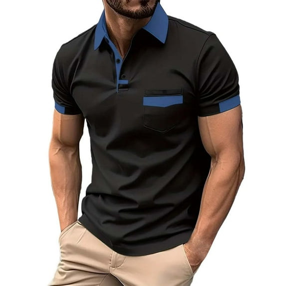 Summer Savings WTXUE Polos Short Sleeve, Scrunch Neck Polo Golf Shirts for Men Spring Summer Casual Buttons Lapel T Shirt Tops Solid, Workwear for Men Black L