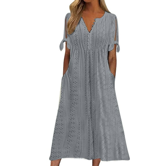 Summer Savings WTXUE Solid Color Able V Neck Short Sleeved Hollow Out Dress Relaxed Fit Dresses for Women 8