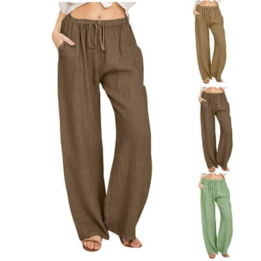 Summer Savings, Women’s Casual Linen Drawstring Long Wide-Leg Pants, Elastic Waist, Comfortable Fit for Relaxed Daily Wear | Sopatenor, Beige L