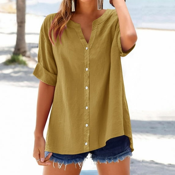 Summer Savings Women's Casual Solid Color Shirts Short Sleeve Round Neck Tops Versatile Buttoned Blouse Size S-5XL