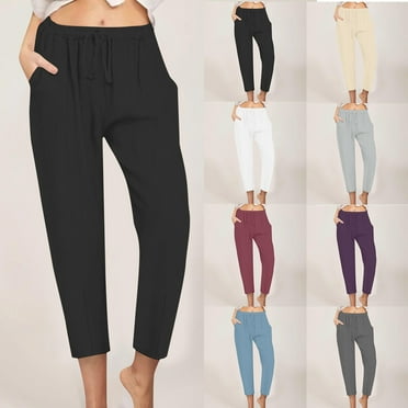 Summer Savings, Women’s Elastic Waist Drawstring Tapered Pants, Casual Summer Beach Trousers with Pockets | Sopatenor, Beige L