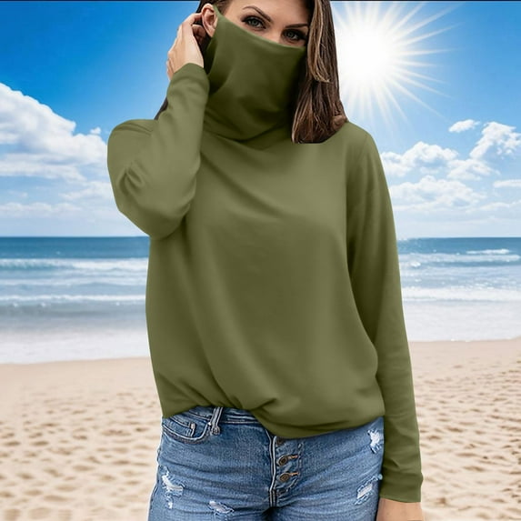 Summer Savings Women‘s’ Summer Casual Solid Color Long Sleeve Solid Color Face Mask For Sun Protection Lightweight Tops