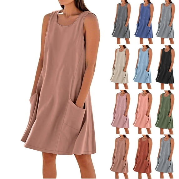 Summer Savings!Women's Summer Dresses Solid Color Casual Sleeveless Linen Loose Fitting Midi Dress With Pockets Watermelon Red,Size S-XXXL