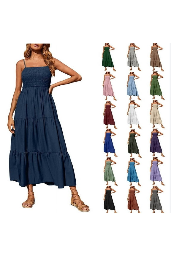 Womens Dresses Bohemian Spaghetti Strap Smocked Tiered Long Beach Sun Dresses Sleeveless Solid Maxi Dress