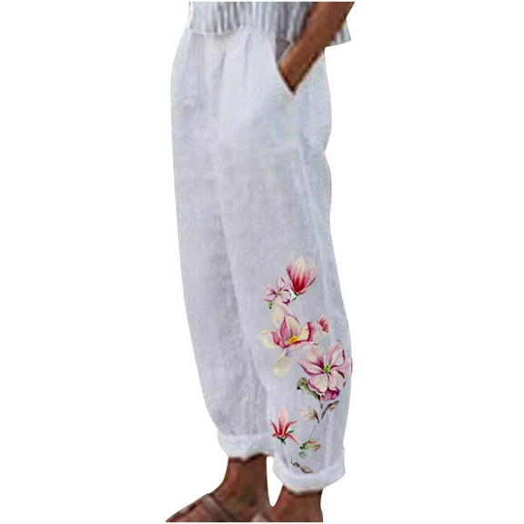 Womens Linen Pants Plus Size,Summer Boho Beach Women Pants,Cotton Linen Pants for Women with Elastic Waist,Casual Womens Linen Pants High Waisted Floral Print Trousers