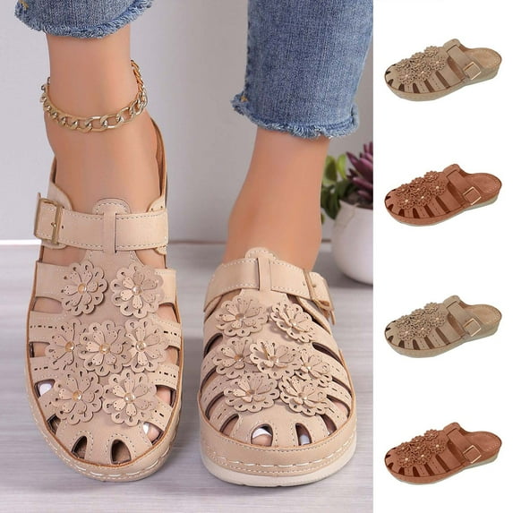 Womens Sandals Comfortable Summer Plus-size Casual Flower Baotou Wedge Flat Beach Sandals