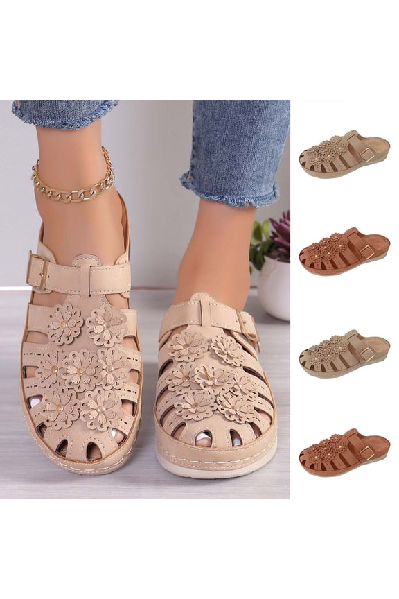 Womens Sandals Comfortable Summer Plus-size Casual Flower Baotou Wedge Flat Beach Sandals