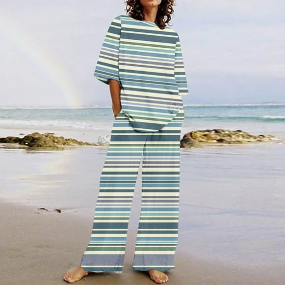 Womens Shirts Women's Summer Two Piece Sports Short Sleeve Top Wide Leg Pants Casual Suit 2025 Fashion Sportswear Ndbuld Multicolor XL