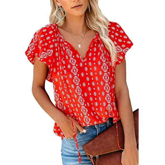 Womens Summer Tops,Summer Tops for Women 2025 Women's Casual Floral Print V Neck Short Sleeve Shirts Tops Loose Blouses