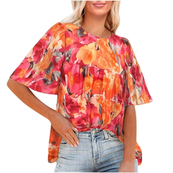 Womens Summer Tops,YANHAIGONG Womens Tops Women's Round Neck Shirt Fashion Casual Floral Bohemian Short Sleeve Top