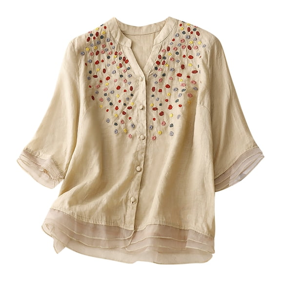 Womens Tops 2026 Plus Size Fashion Cotton Linen Loose Cotton Embroidery Mesh V-neck Shirt Woman
