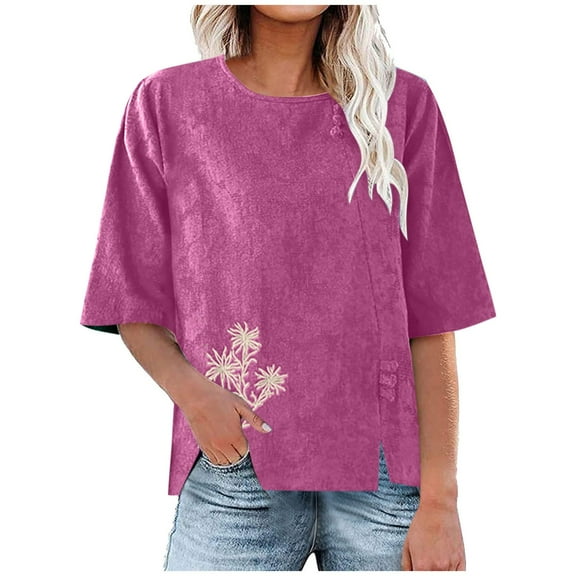 Womens Tops 2026 Plus Size Fashion Crew-neck Single-breasted Cotton And Linen Top