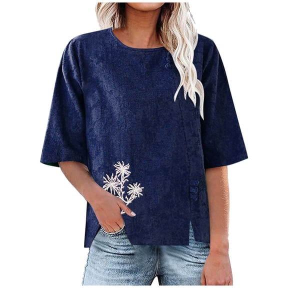 Womens Tops 2026 Plus Size Fashion Crew-neck Single-breasted Cotton And Linen Top