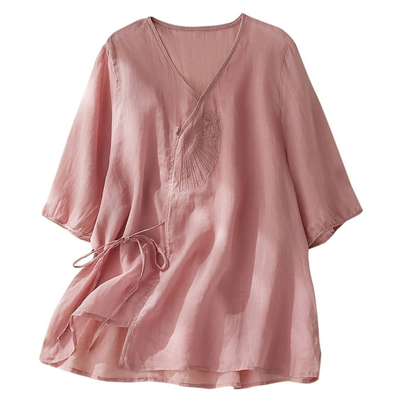 Womens Tops 2026 Plus Size Fashion Embroidered V-neck Skirt Casual Loose Fashion Blouse