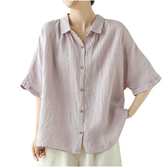 Womens Tops 2026 Plus Size Fashion Spring Cotton Linen Shirts V-neck Loose Casual Fashion Shirt Top