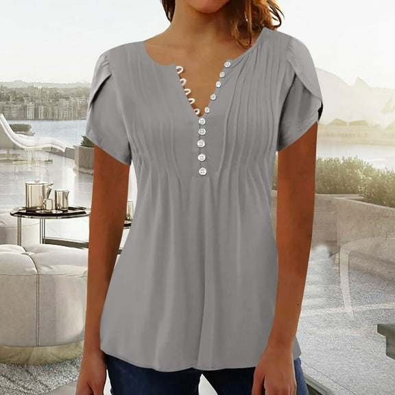 Womens Tops 2025 Fashion Plus Size Sexy Fold Printed Regular Women Short Sleeves V Neck Button Top