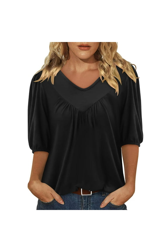 Womens Tops 2025 Fashion Plus Size Sexy Short Sleeve Sequins Loose Polluer Solid V-Neck Blouse Shirt