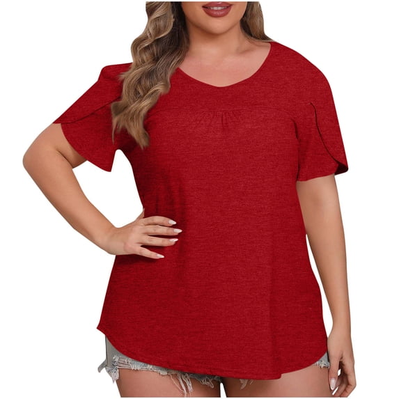 Womens Tops 2025 Fashion Plus Size Solid Color Short Sleeve Round-Neck Blouses
