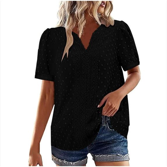 Womens Tops 2025 Fashion Plus Size Solid Color Short Sleeve Round Neck Pullover Lace Blouse