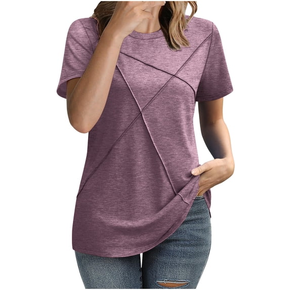 Womens Tops 2025 Fashion Plus Size Solid Color Short-sleeved Round Neck Line Casual Top T-shirt