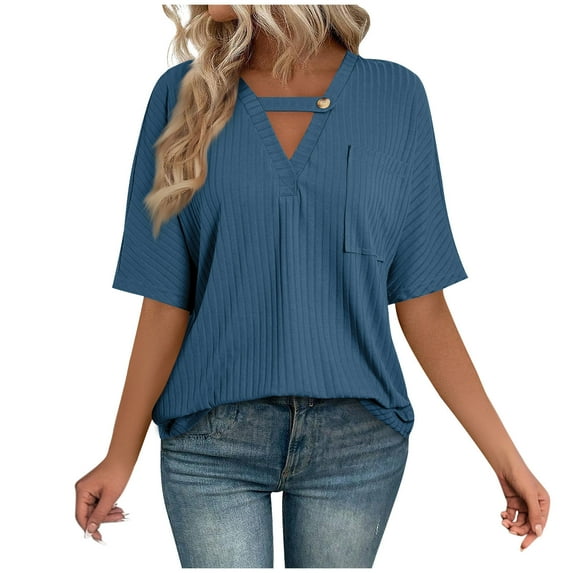 Womens Tops 2025 Fashion Plus Size Solid Color V-Neck Pocket Button Loose Short Sleeve Shirts Top Blouse