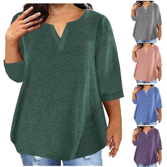 Womens Tops 2025 Fashion Plus Size V-neck Solid Color 3/4 Sleeve Oversized T-shirt Top