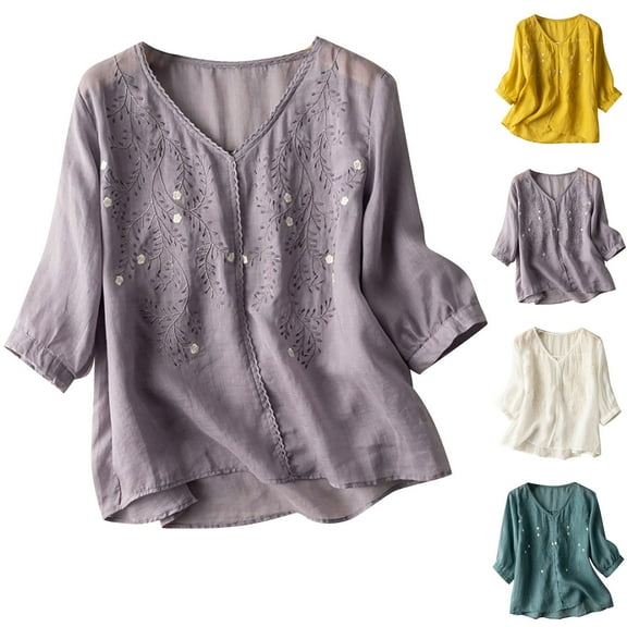 Womens Tops 2025 Plus Size Cotton and Linen Casual T-Shirt Short Sleeve V-Neck Sweatshirt Tops Blouse