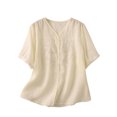 thumbnail image 1 of Womens Tops 2025 Plus Size Cotton and Linen Embroidered Blouses Button Up T-Shirt Short Sleeved V-Neck Top, 1 of 3