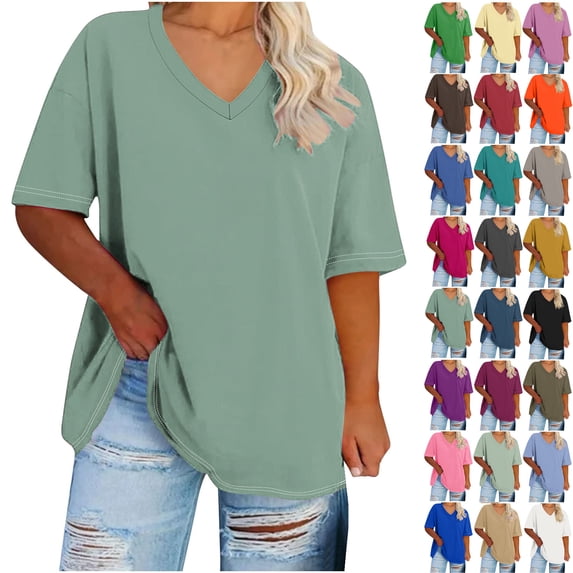 Womens Tops 2025 Plus Size V-neck Short Sleeved Solid Summer Base Shirt Sports T-shirt