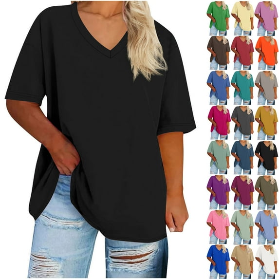 Womens Tops 2025 Plus Size V-neck Short Sleeved Solid Summer Base Shirt Sports T-shirt
