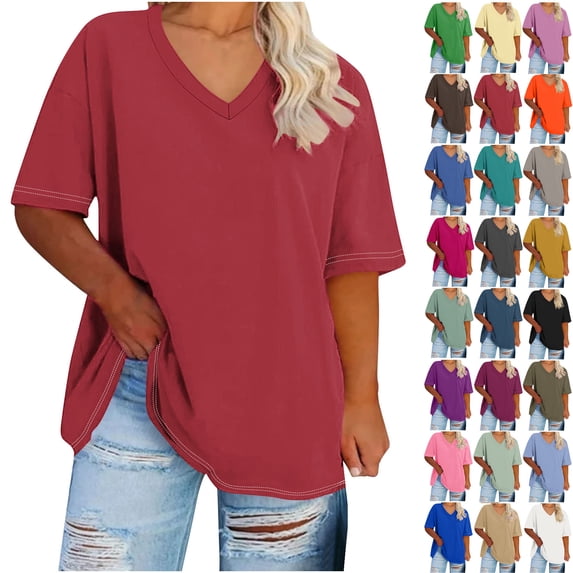 Womens Tops 2025 Plus Size V-neck Short Sleeved Solid Summer Base Shirt Sports T-shirt