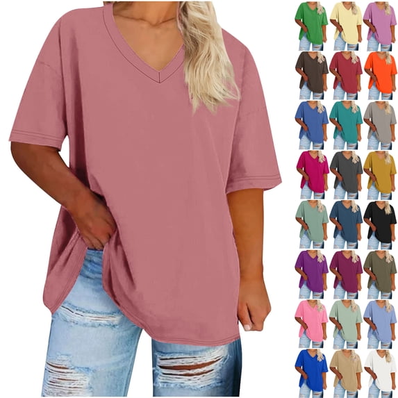Womens Tops 2025 Plus Size V-neck Short Sleeved Solid Summer Base Shirt Sports T-shirt
