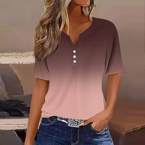 Womens Tops Casual Summer Short Sleeve Pullover Tees Trendy Gradient Color Shirt Notch V Neck Top Blouse Tshirts