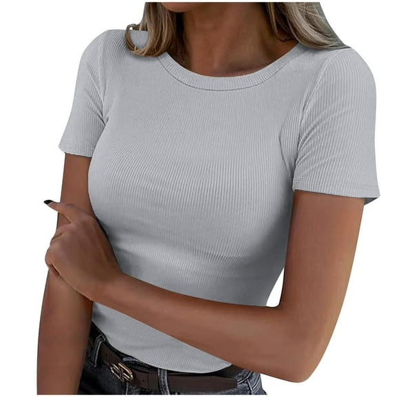 Summer Womens Tops Short Sleeve Summer Tops Round Neck Tops Solid Color Tops Blouse Tops for Leggings Slim Fit Tshirt Cheap