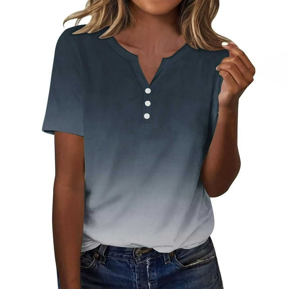 Summer Womens Tops Short Sleeve V Neck Button Shirt Summer Pullover Tops Trendy Gradient Color Shirt Casual Blouse Tshirt